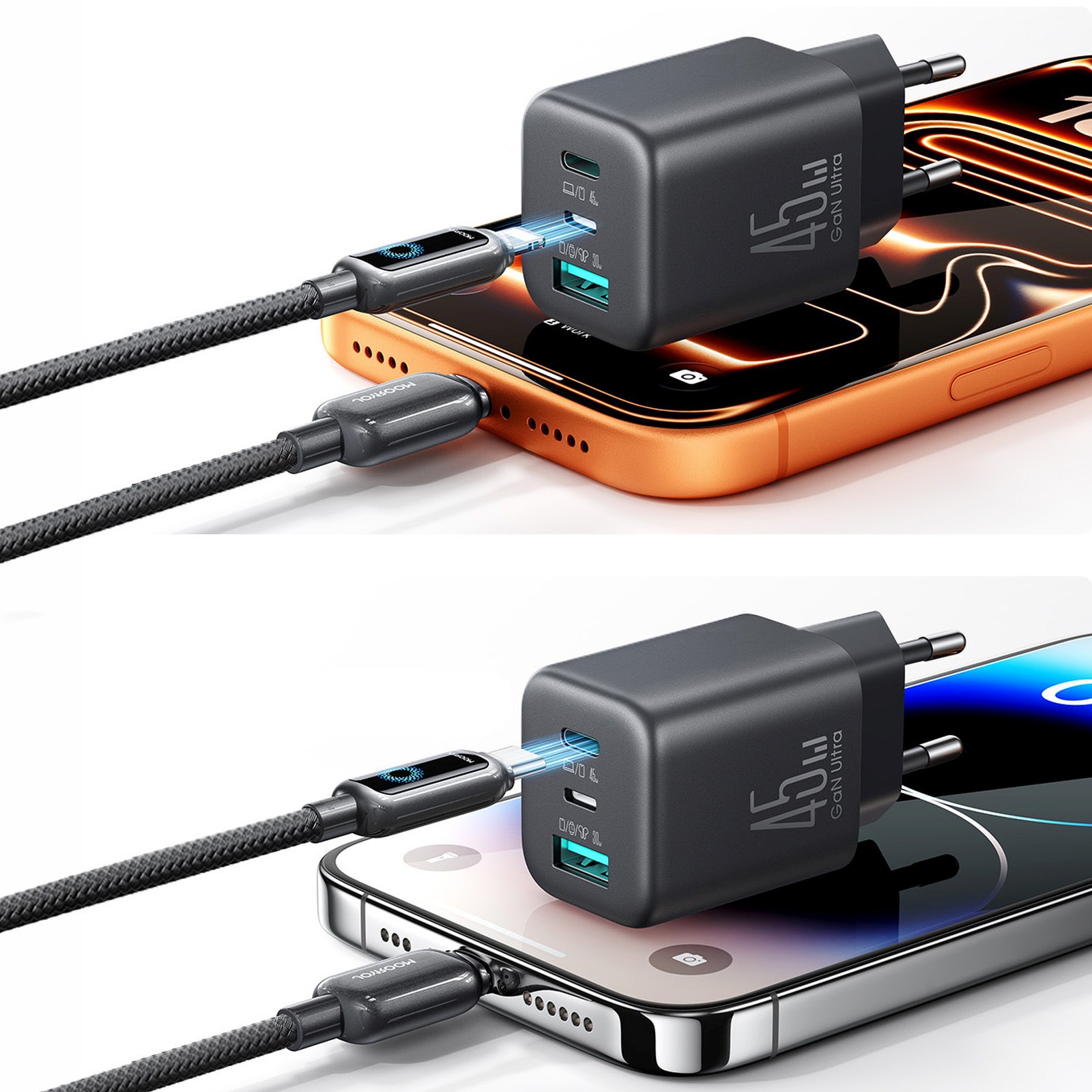 Ładowarka sieciowa USB-C iPhone Lightning USB-A GaN 45W - czarna (10)