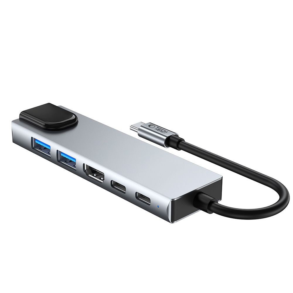 6w1 HUB Adapter USB-C USB-A HDMI RJ45 4K 30Hz PD 100W - szary (4)
