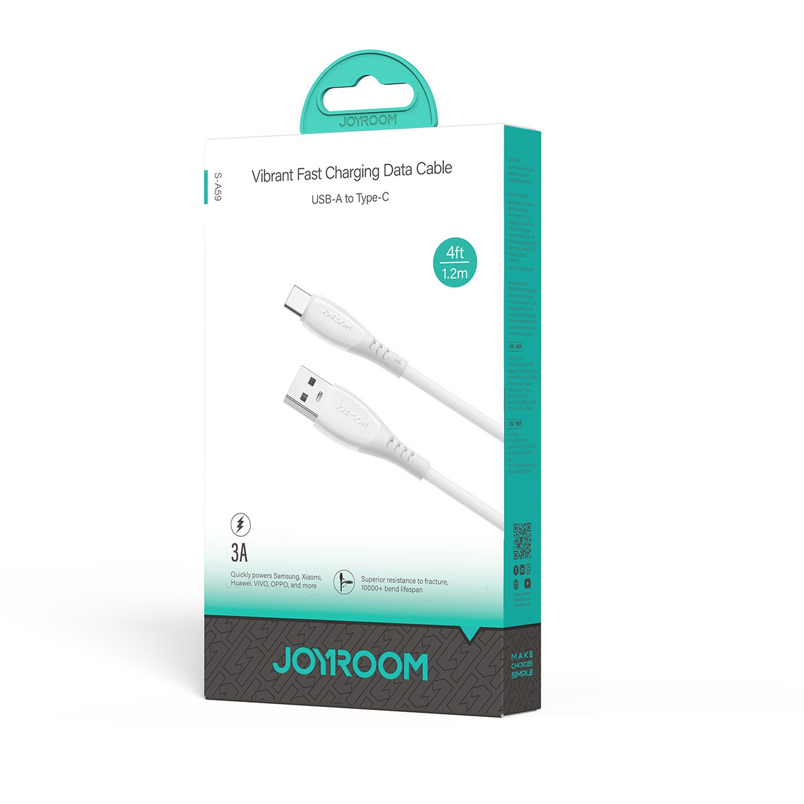 Kabel przewód USB-A - USB-C Vibrant Series 3A 1.2m - biały (3)