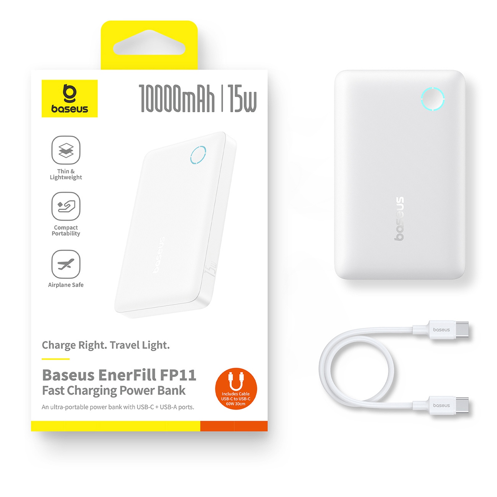 Powerbank 10000mAh 15W EnerFill FP11 z kablem USB-C 30cm - biały (10)