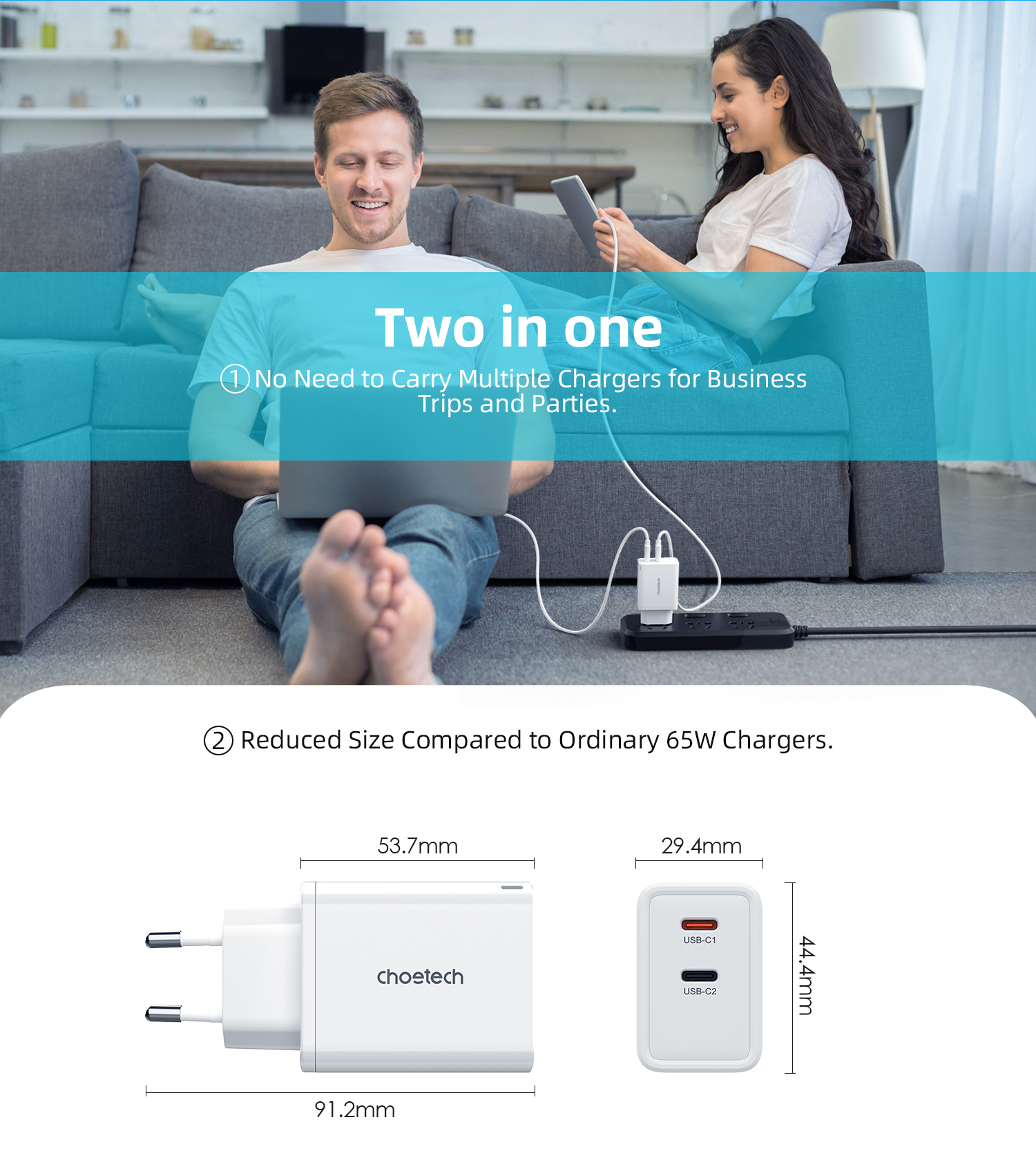 Ładowarka sieciowa GaN 2x USB-C PD 65W biała (3)