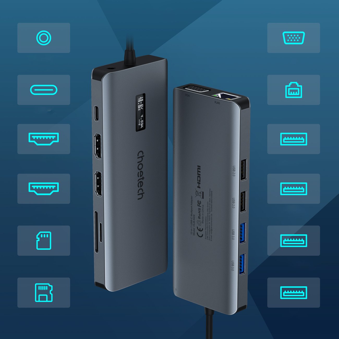 Adapter HUB wielofunkcyjny z wyświetlaczem USB-C USB-A VGA AUX SD TF 12w1 szary (9)