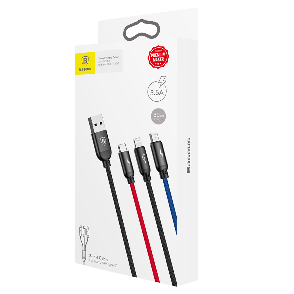 3w1 Kabel przewód USB-A - micro USB / iPhone Lightning / USB-C 3.5A 0.3m - czarny (7)