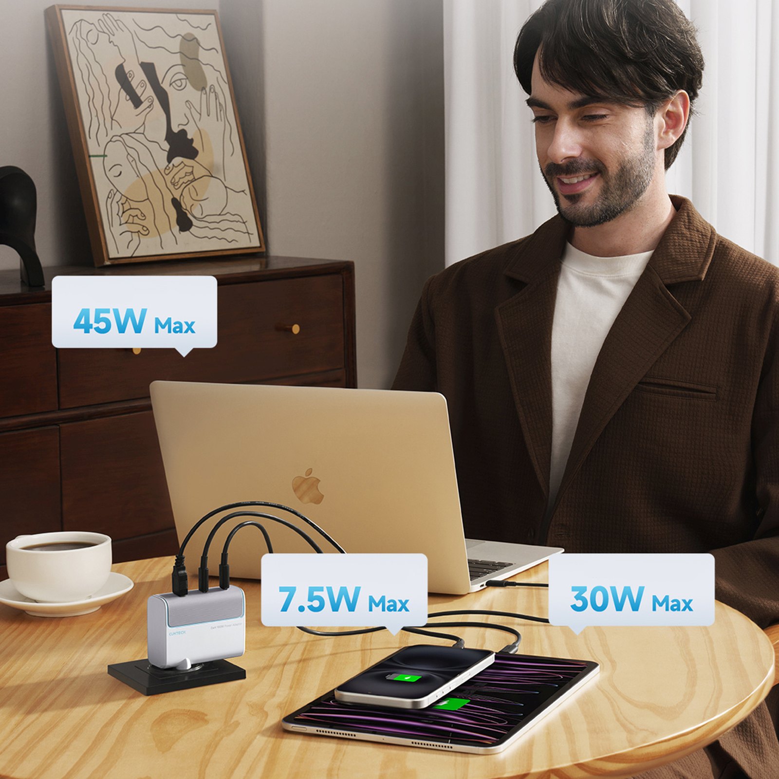 Ładowarka sieciowa USB-C USB-A z kablem GaN 100W - biała (5)