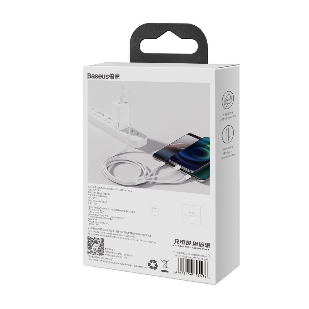 Superior 3w1 kabel USB Iphone Lightning USB-C microUSB 3.5 A 1.5 m Biały (6)