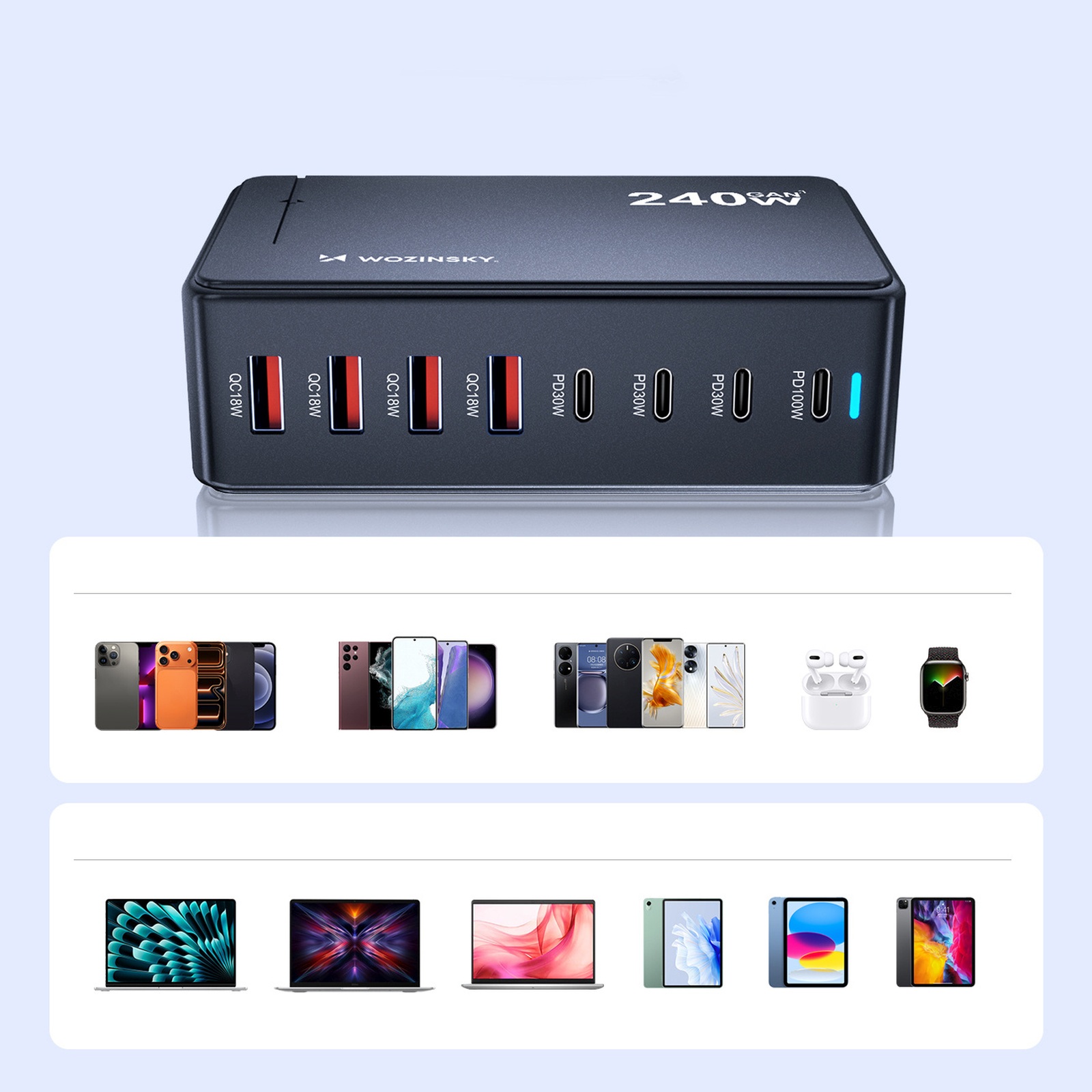 Stacja ładująca biurkowa 4x USB-A 4x USB-C GaN QC3 240W - czarna (10)