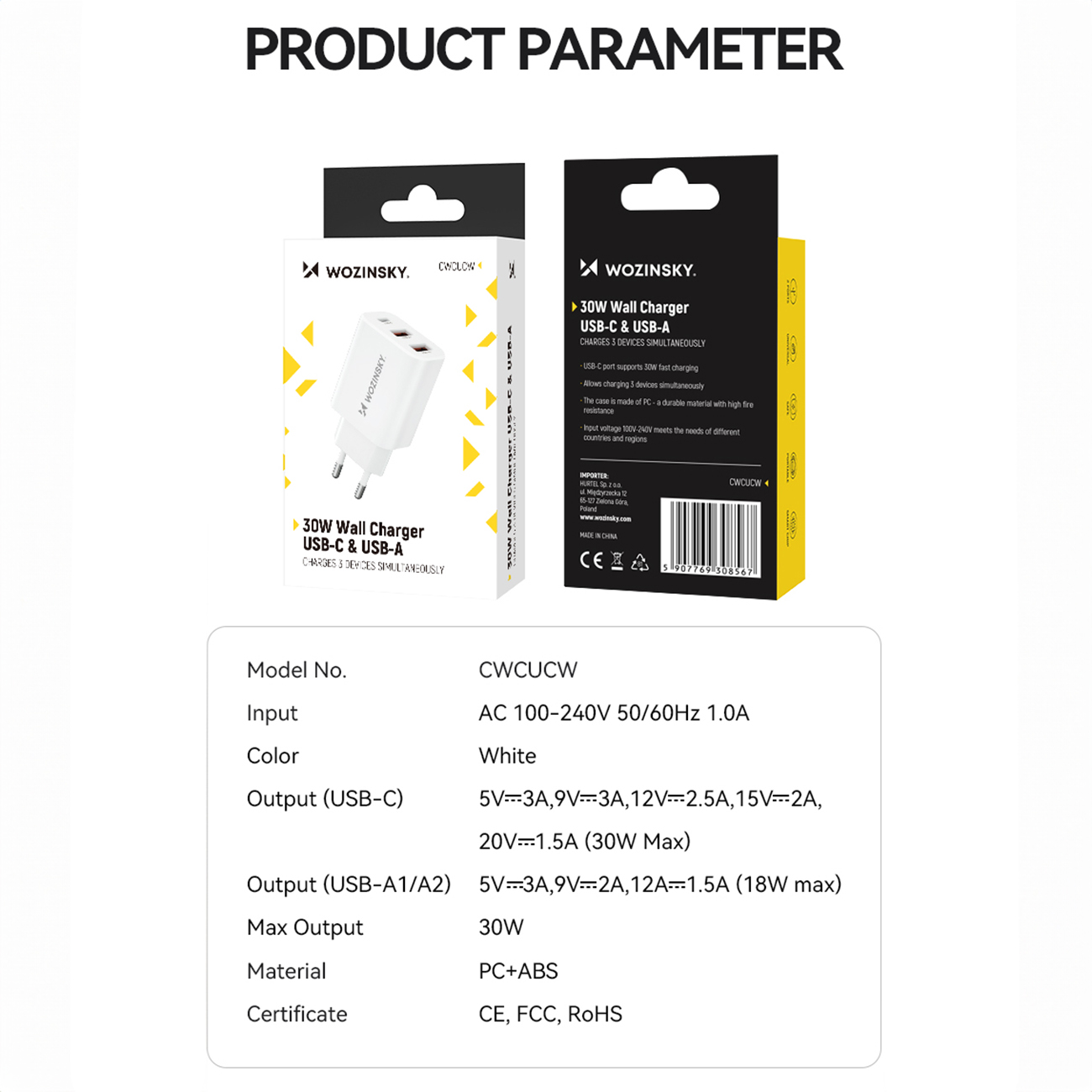 Ładowarka sieciowa 100-240V 30W USB-C 2x USB-A biała (5)