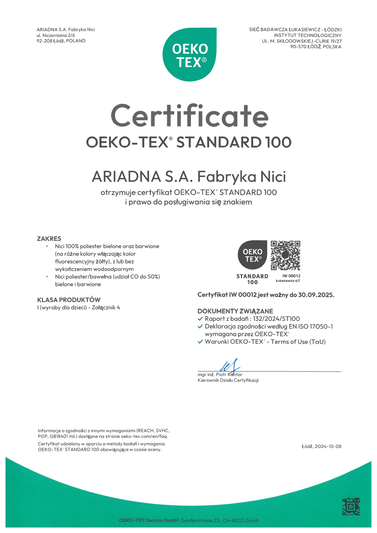 Ceryfikat Oeko Tex Standard 100 na Nici Ariadna