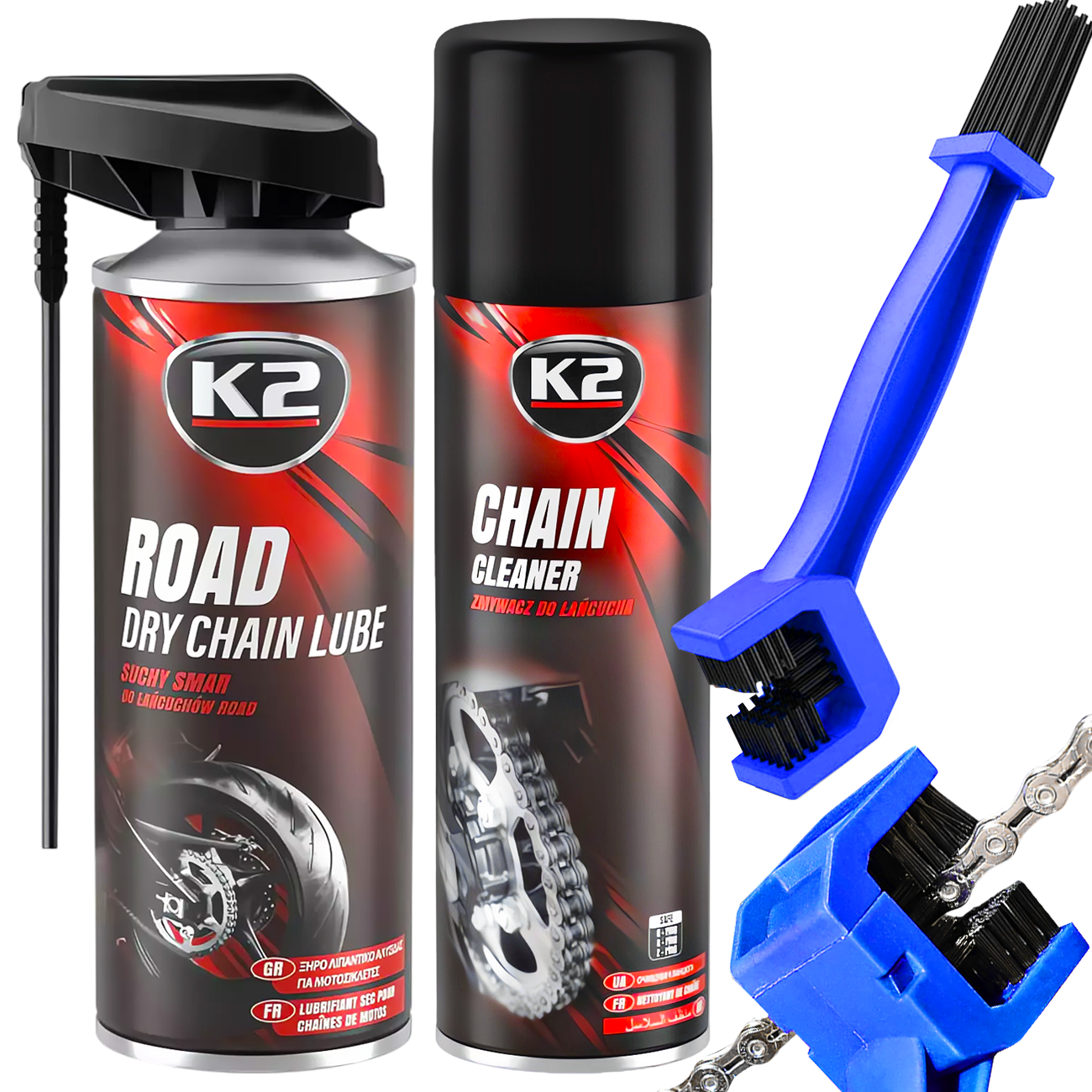 K2 ROAD SUCHY SMAR DO ŁAŃCUCHÓW 400ML + CHAIN CLEANER ZMYWACZ + K2 SZCZOTKA