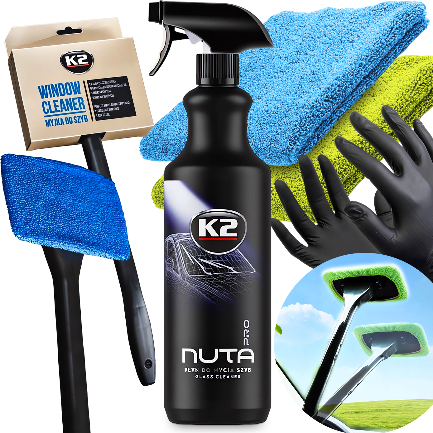 Zestaw Do Mycia Szyb K2 Nuta Pro Glass Cleaner 1L Ścierka Mikrofibra Myjka