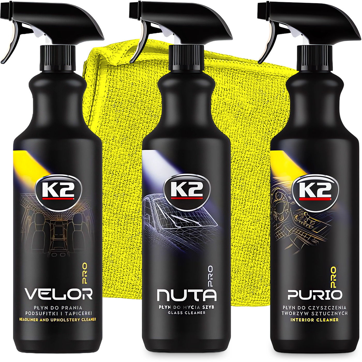 ZESTAW DO CZYSZCZENIA WNĘTRZA TAPICERKI SZYB PODSUFITKI PLASTIKÓW K2 PRO