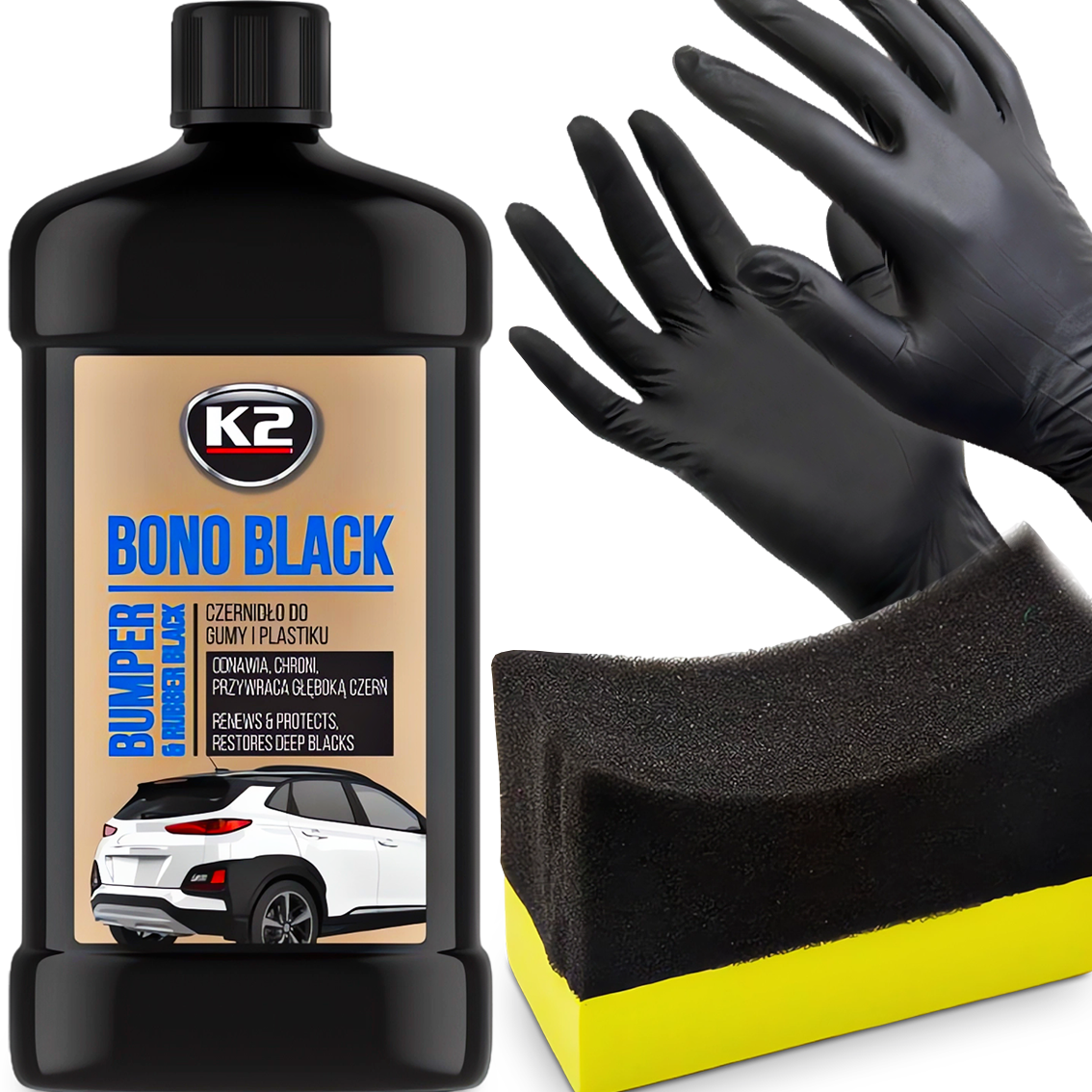 K2 Bono Czernidło Do Plastiku Opon Gumy Kokpitu + Aplikator Rękawiczki