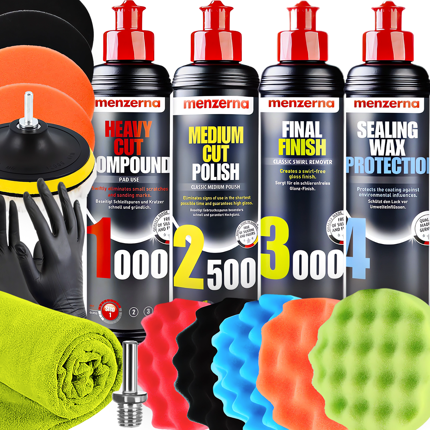 Pasta Polerska Menzerna 3szt + Wosk SW + Gąbki Pady Do Polerowania Pasty