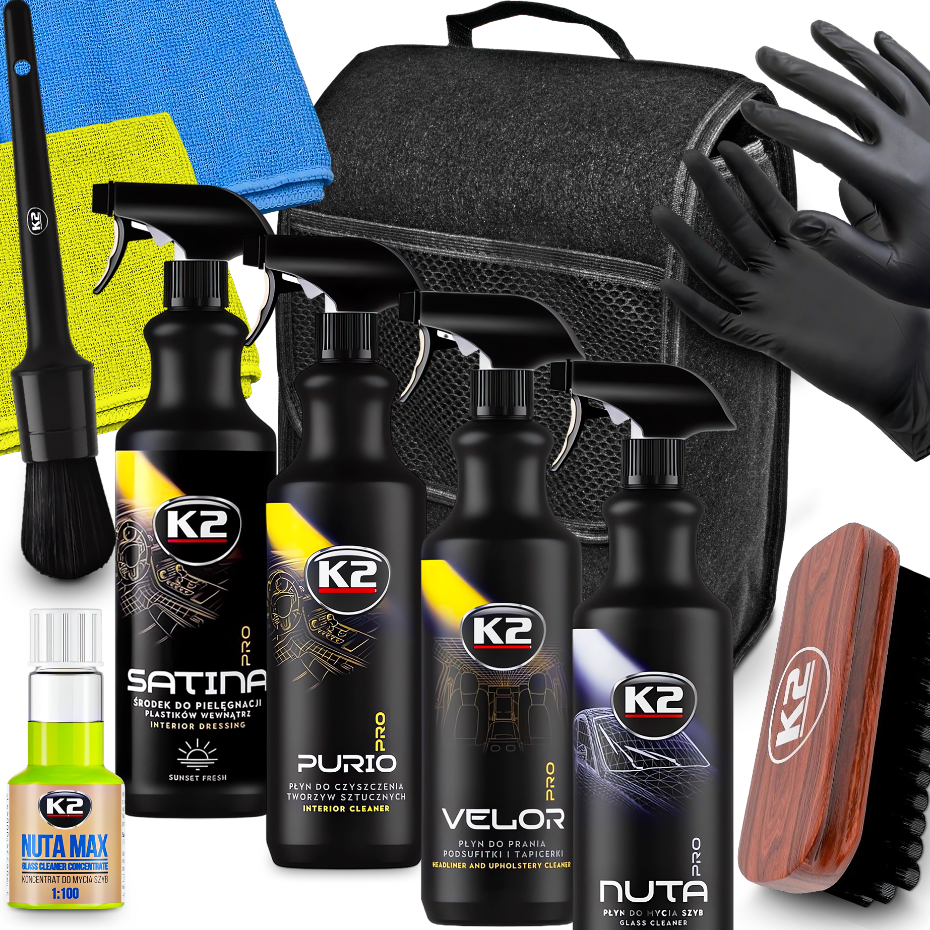 K2 Zestaw Detailingowy Satina Purio Velor Nuta Pędzelek Szczotka Ściereczki