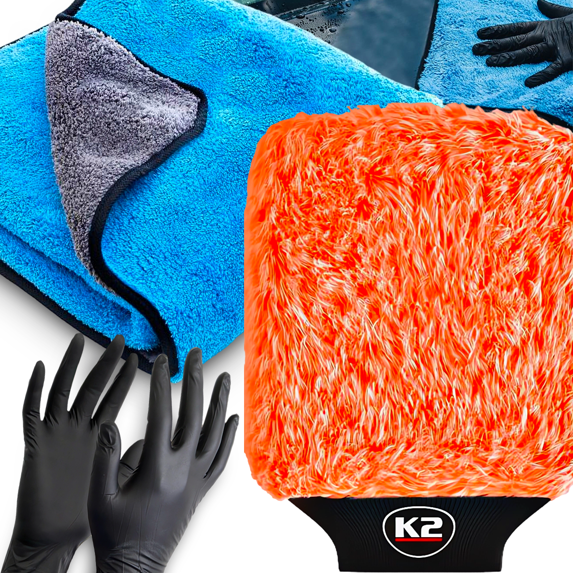 RĘKAWICA DO MYCIA AUTA K2 WASH MITT + K2 FLOSSY RĘCZNIK DO OSUSZANIA 60x90