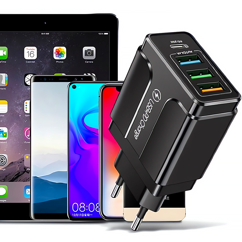 Szybka Ładowarka Sieciowa 3 Porty USB + Port PD USB-C Smart 2.4A