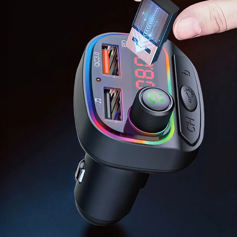 Transmiter FM BT PD 24W QC3.0 KABEL USB 3W1 LIGHTNING MICRO-USB USB C