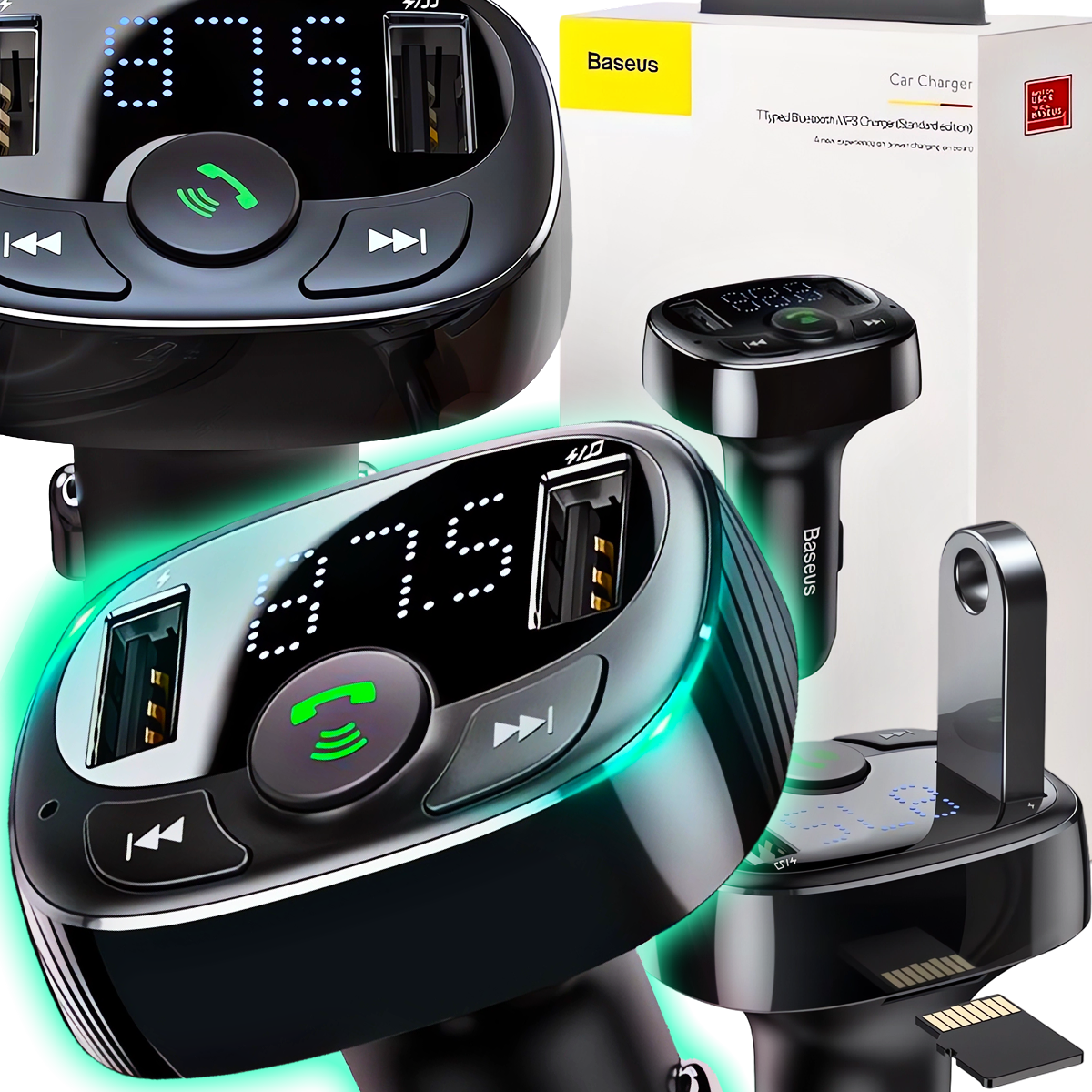 BASEUS TRANSMITER FM BLUETOOTH ŁADOWARKA SAMOCHODOWA MP3 2x USB SD/ TF 3.4A
