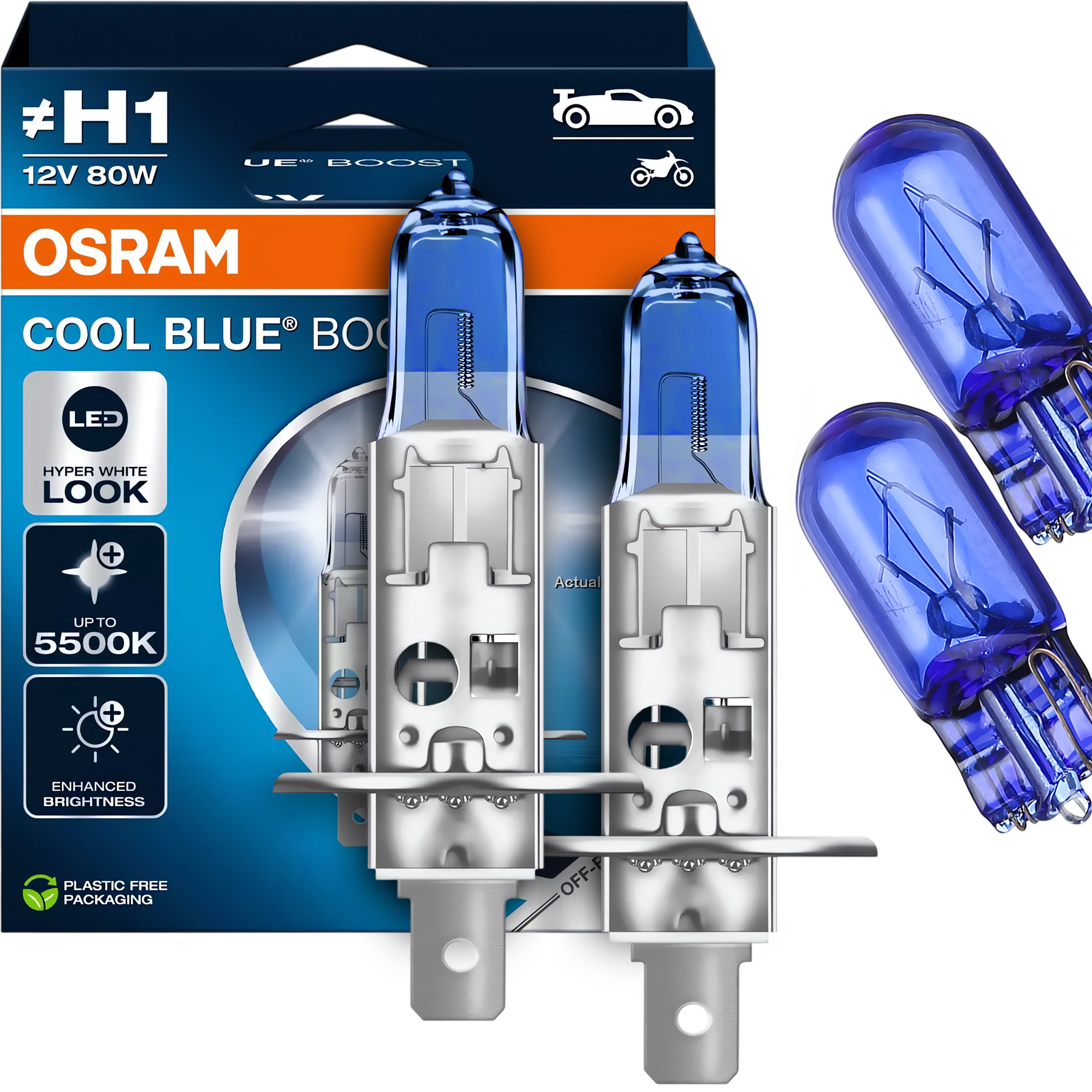 ŻARÓWKI OSRAM H1 COOL BLUE BOOST 5500K 80W BIAŁE ŚWIATŁO + W5W WHITE EFFECT