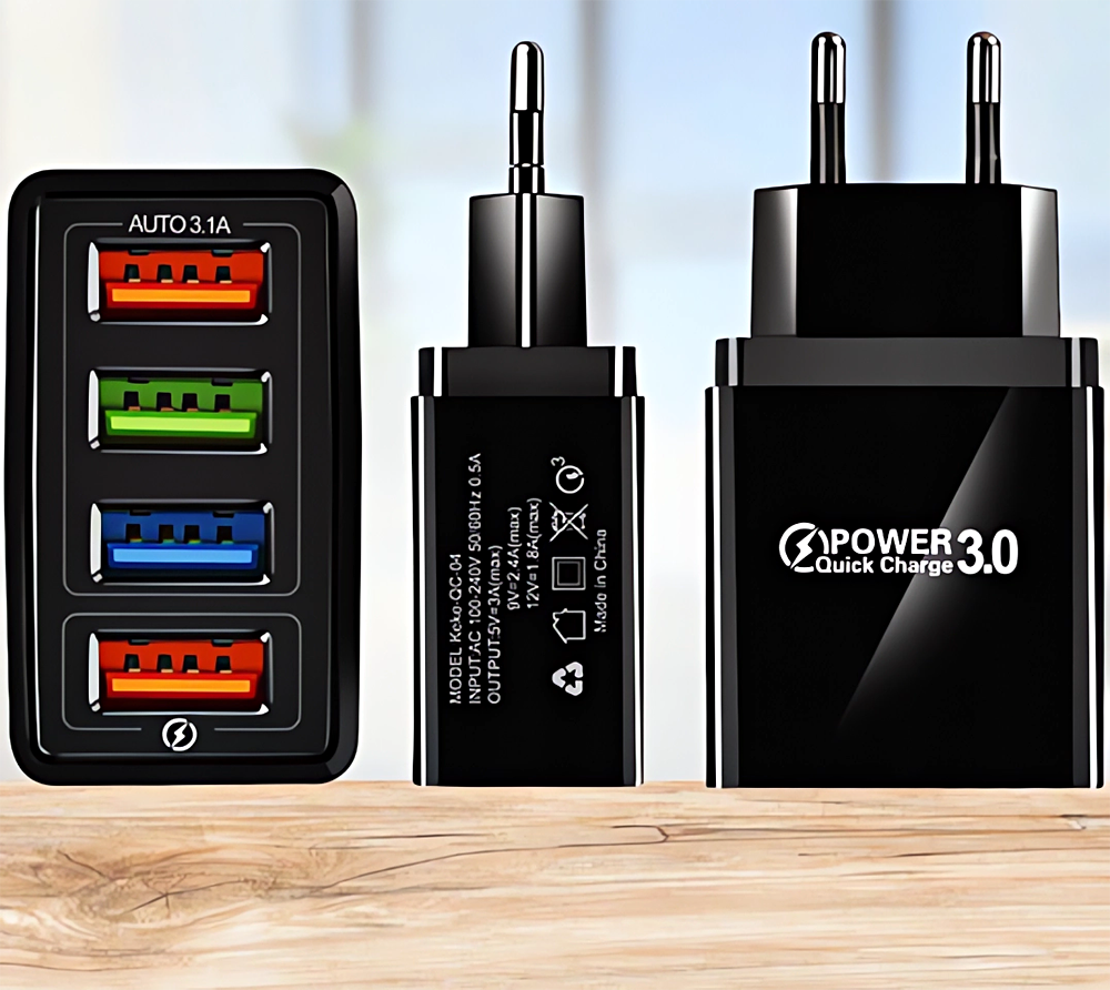 SZYBKA ŁADOWARKA SIECIOWA 4X USB QC 3.0 KABEL 3W1 LIGHTNING MICRO-USB USB C