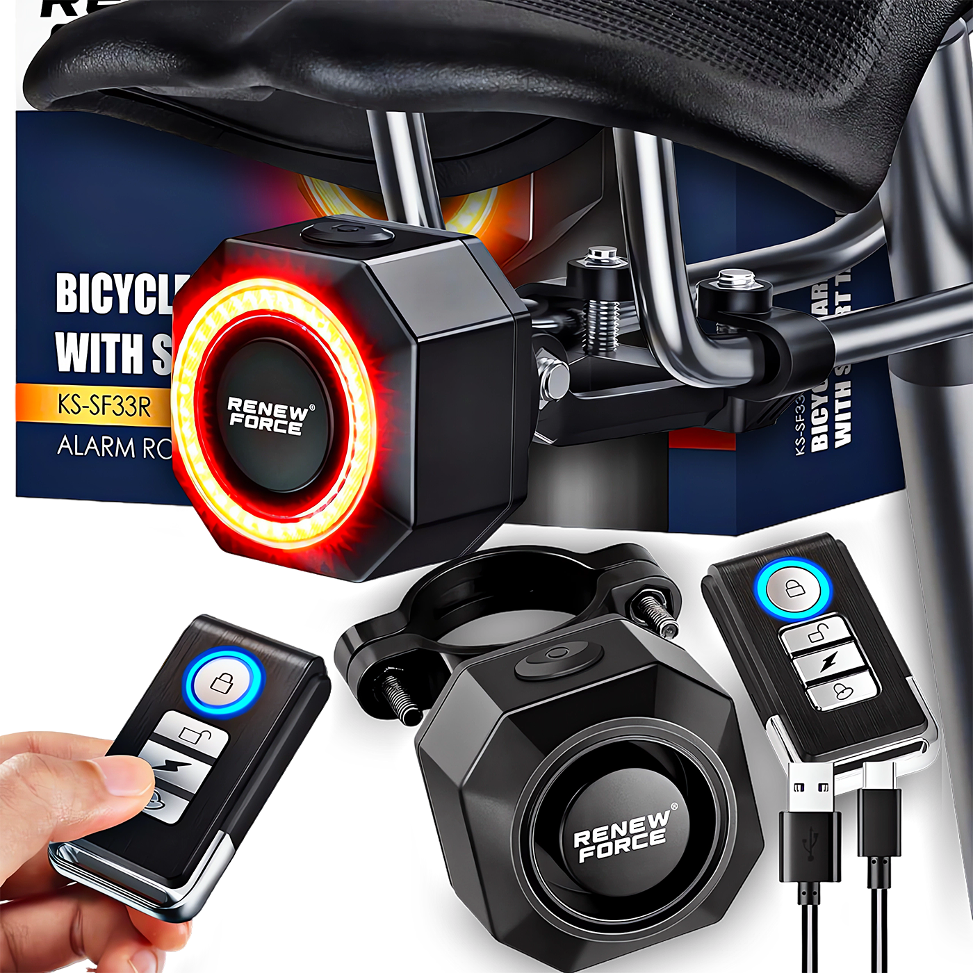 Bezprzewodowy Alarm Rowerowy Lampka Tylna Tył Rowerowa GŁOŚNY + PILOT 110dB