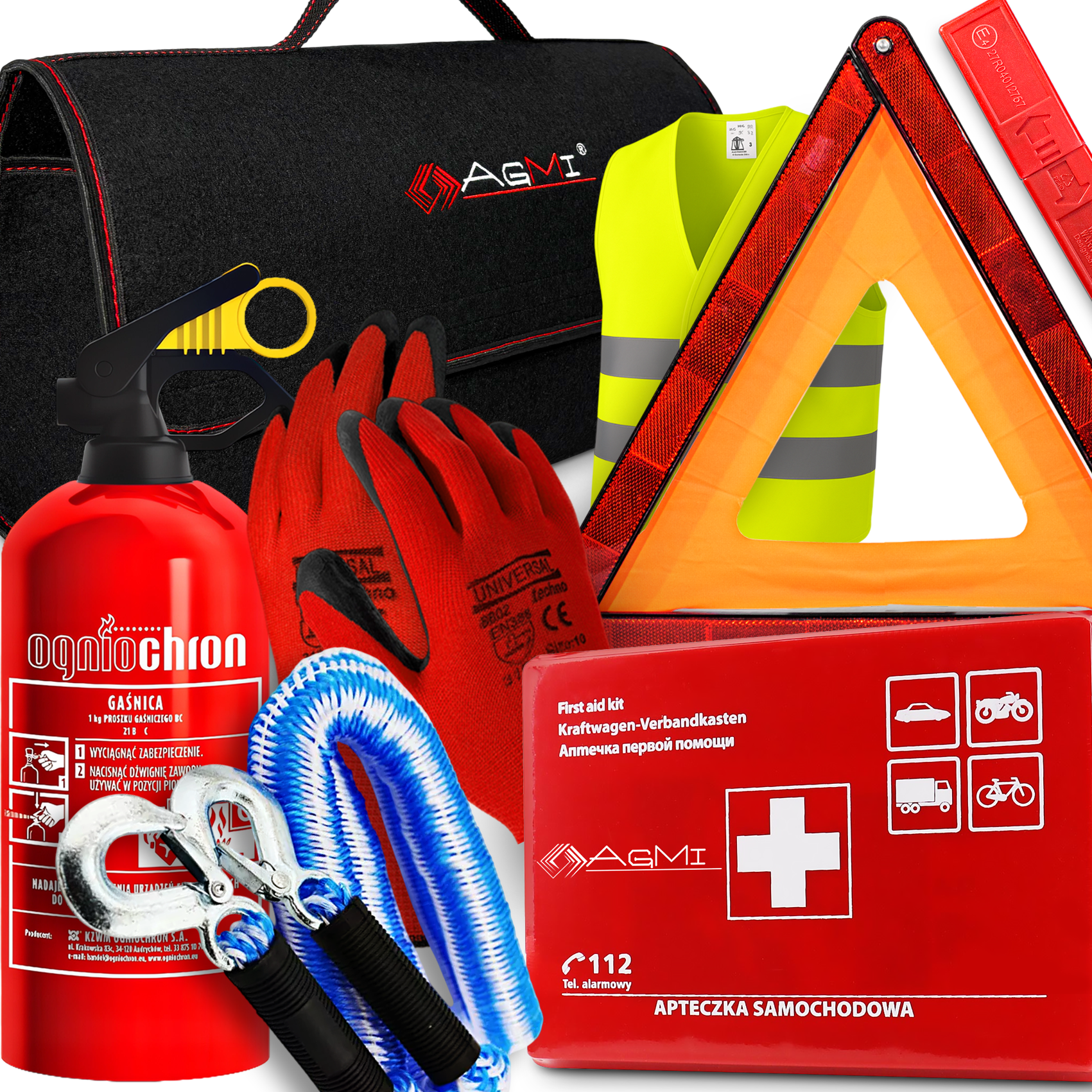 GAŚNICA 1KG APTECZKA KAMIZELKA TORBA TRÓJKĄT LINKA RĘKAWICE ZESTAW