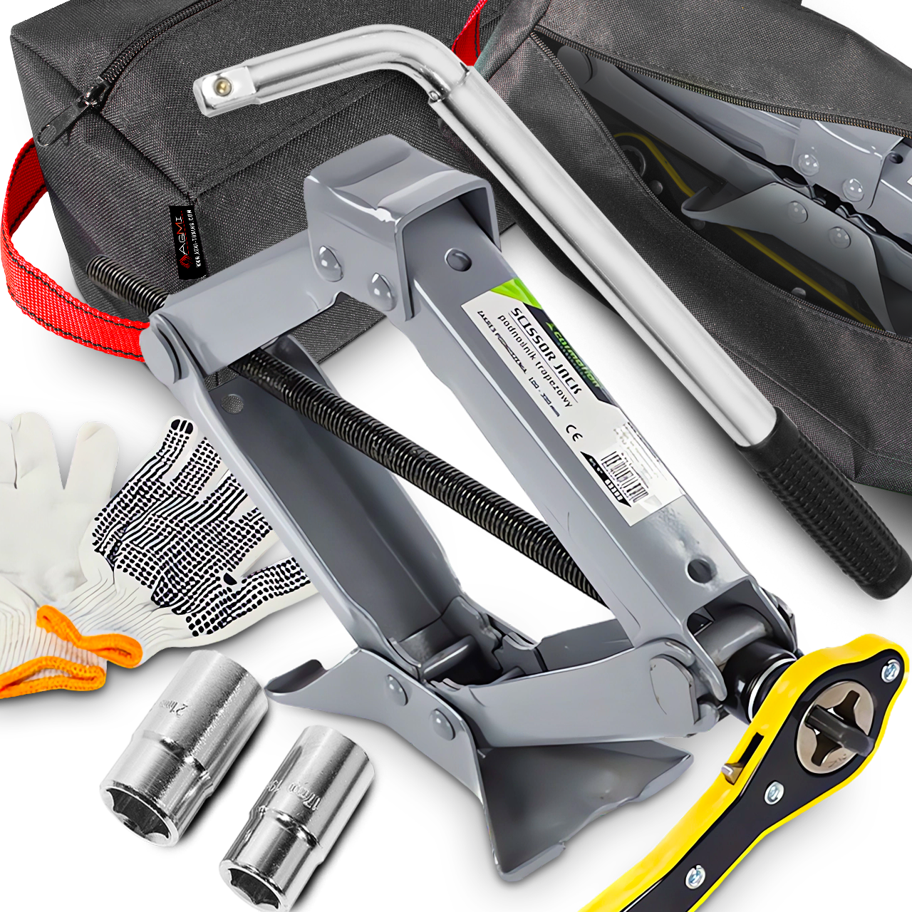 Zestaw Torba Lewarek Podnośnik Trapezowy 2T Klucz Do Kół 17/19/21 Rękawice