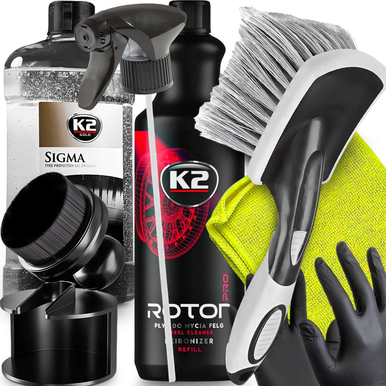 K2 ROTON PRO 1L KRWAWA FELGA SZCZOTKA SIGMA DRESSING DO OPON APLIKATOR