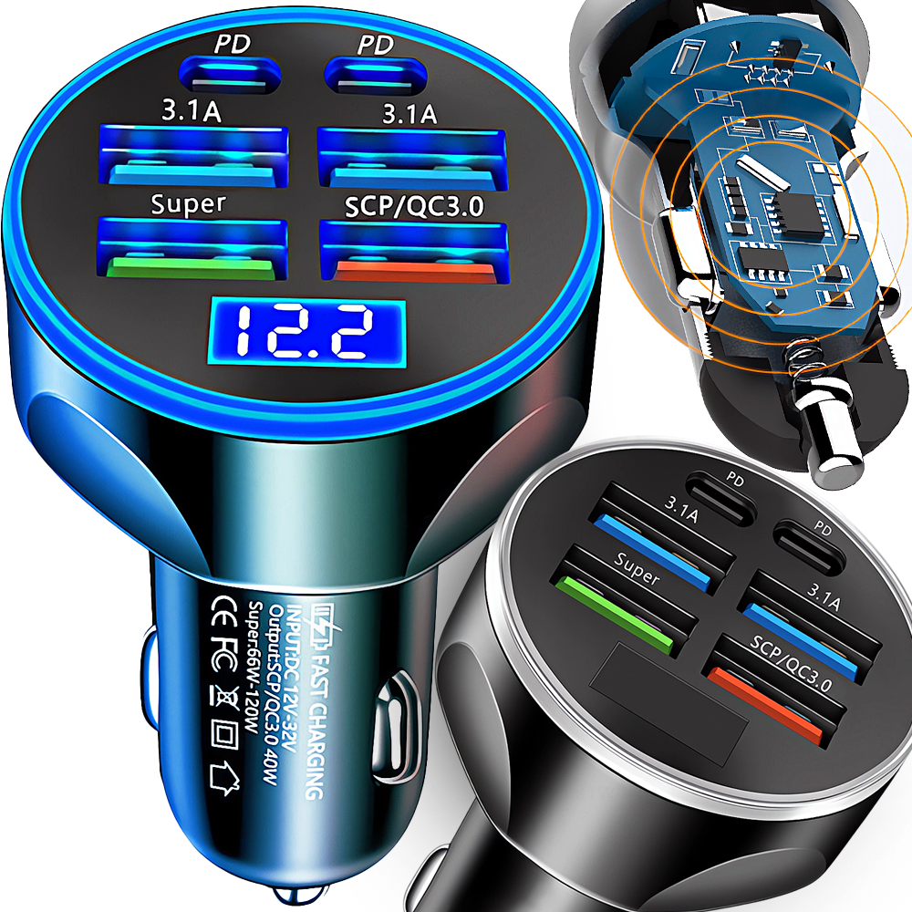 SZYBKA ŁADOWARKA SAMOCHODOWA 6X USB USB-C QC 3.0 KABEL USB 3W1 LIGHTNING