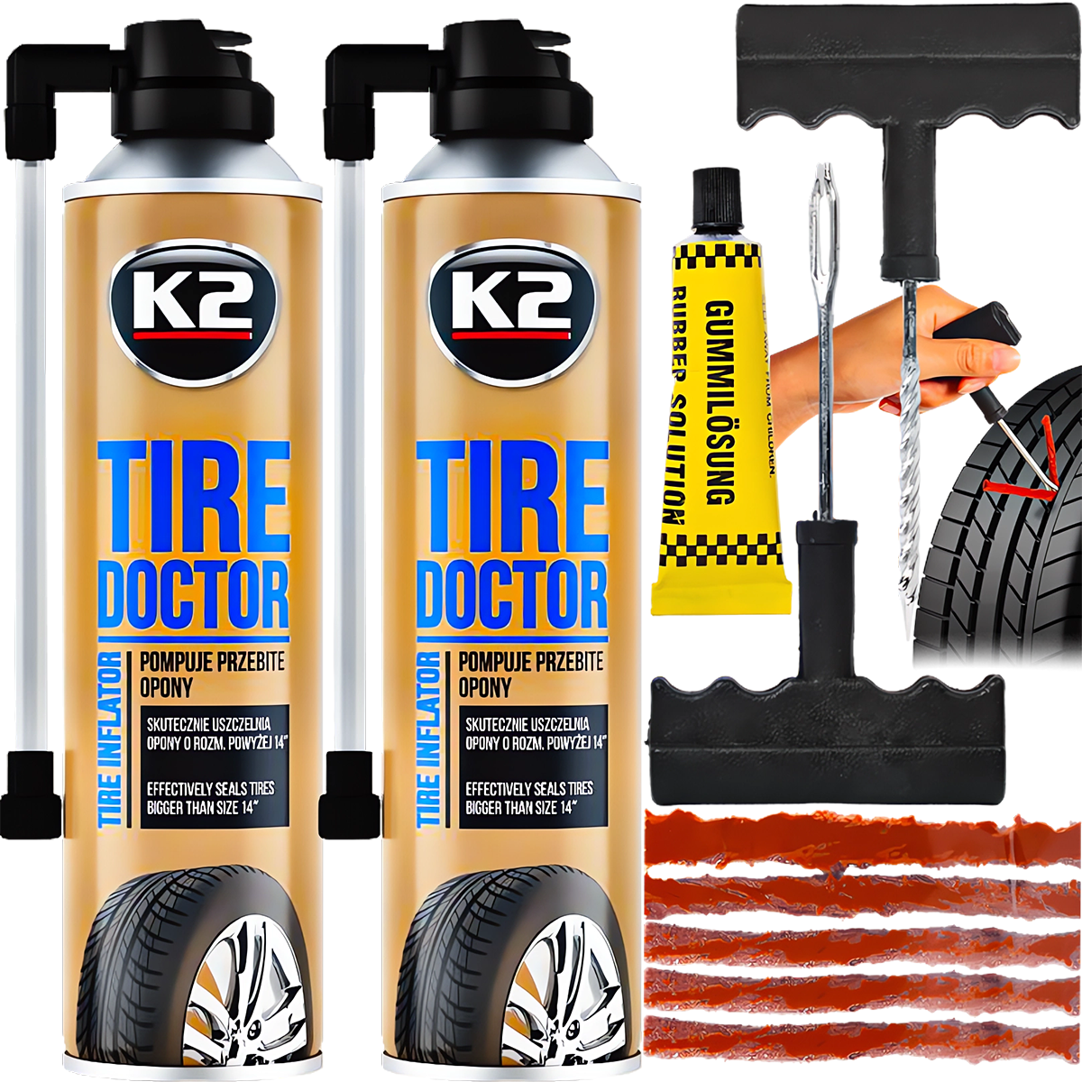 K2 TIRE DOKTOR 400ML x2 + ZESTAW NAPRAWCZY DO OPON DO NAPRAWY OPON KLEJ