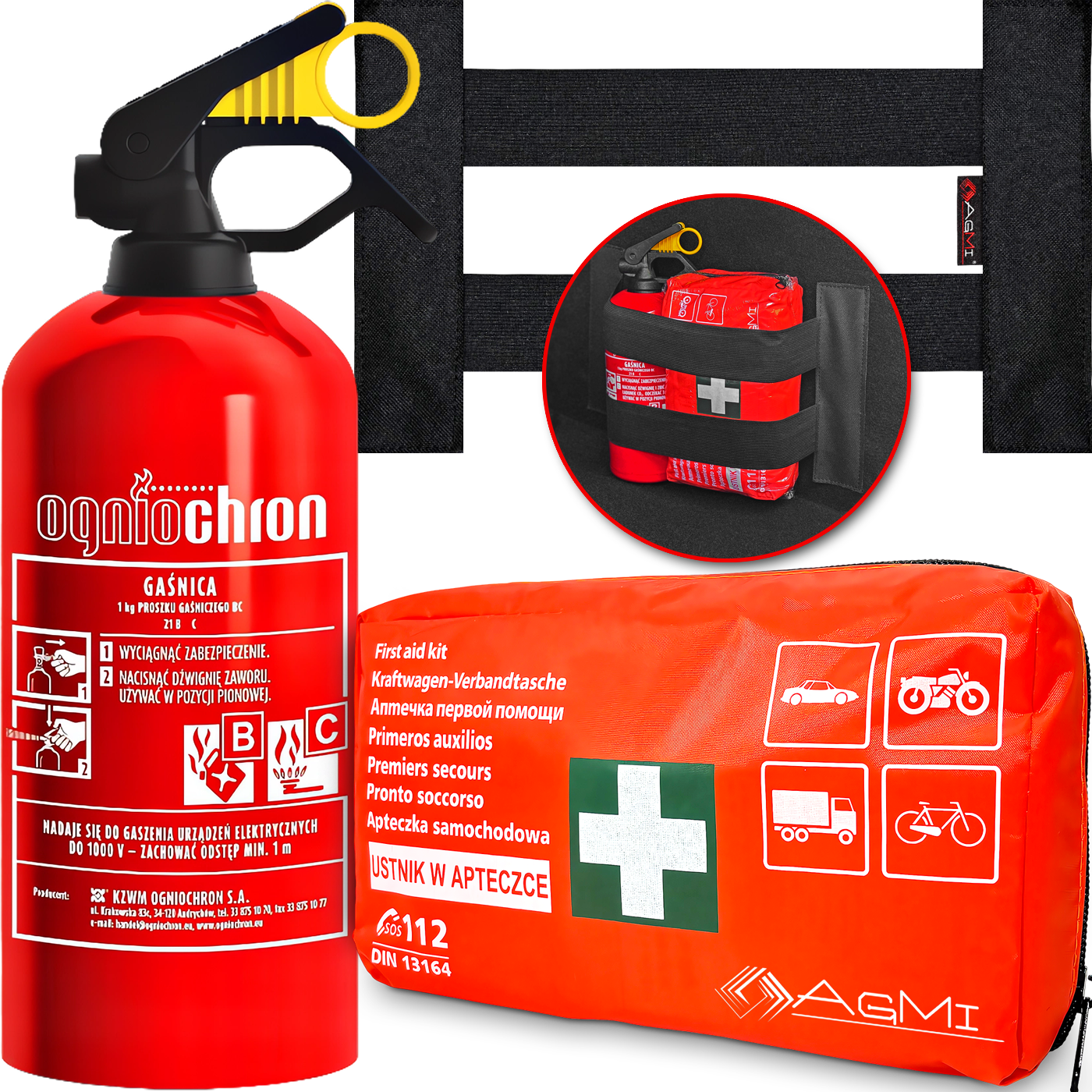 GAŚNICA 1KG OGNIOCHRON APTECZKA DIN13164 + MOCOWANIE DO BAGAŻNIKA NA RZEP