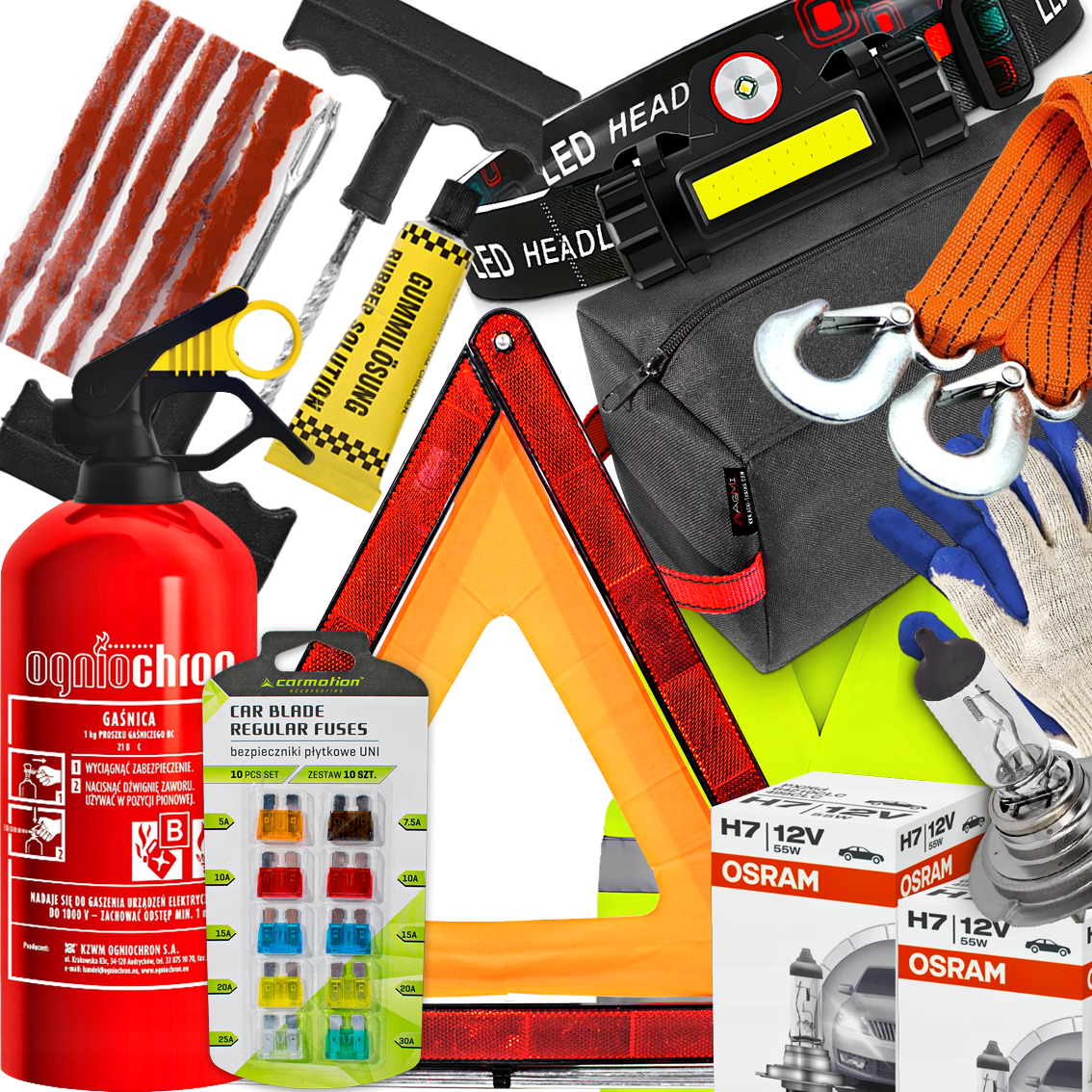 Gaśnica Trójkąt  Bezpieczniki Osram H7 Sznurki Do Naprawy Opon Latarka Czoł