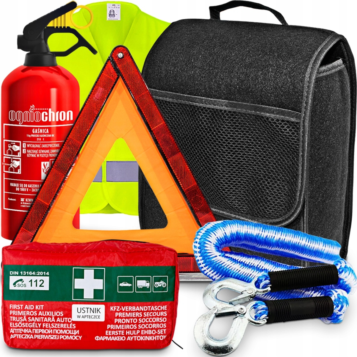 ZESTAW TRÓJKĄT APTECZKA KAMIZELKA TORBA GAŚNICA LINKA HOLOWNICZA