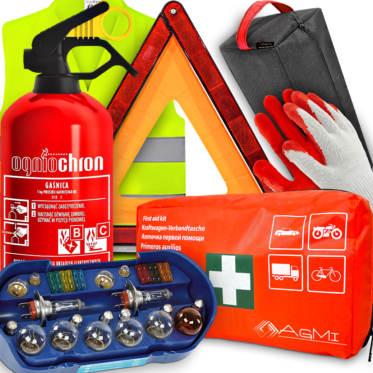 GAŚNICA 1KG TRÓJKĄT APTECZKA KAMIZELKA ZESTAW ŻARÓWEK ZAPASOWYCH TORBA