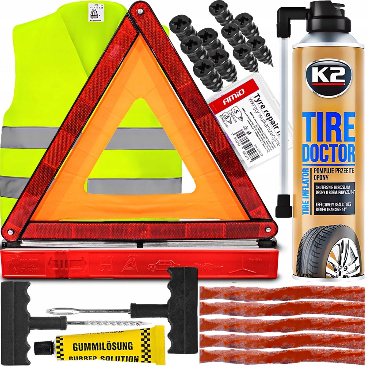 USZCZELNIACZ OPON ZESTAW NAPRAWCZY WKRĘTY WULKANIZACYJNE TRÓJKĄT KAMIZELKA