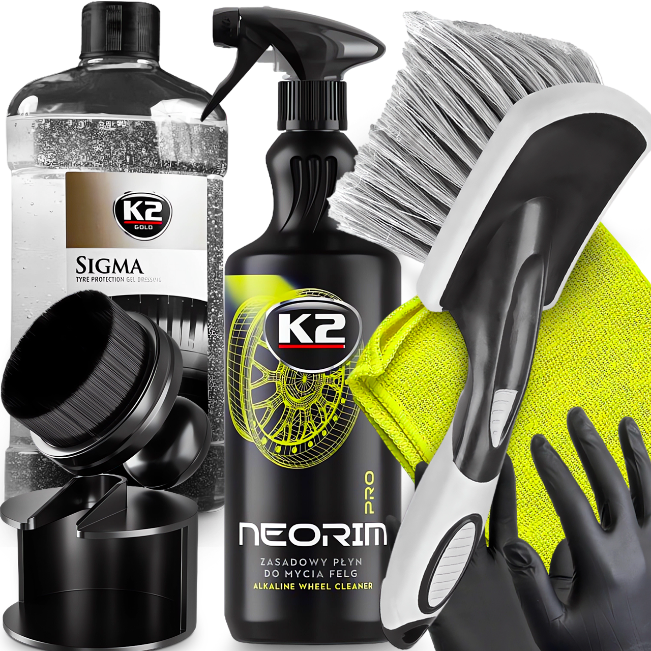 K2 NEORIM 1L PŁYN DO MYCIA FELG SZCZOTKA SIGMA DRESSING DO OPON APLIKATOR