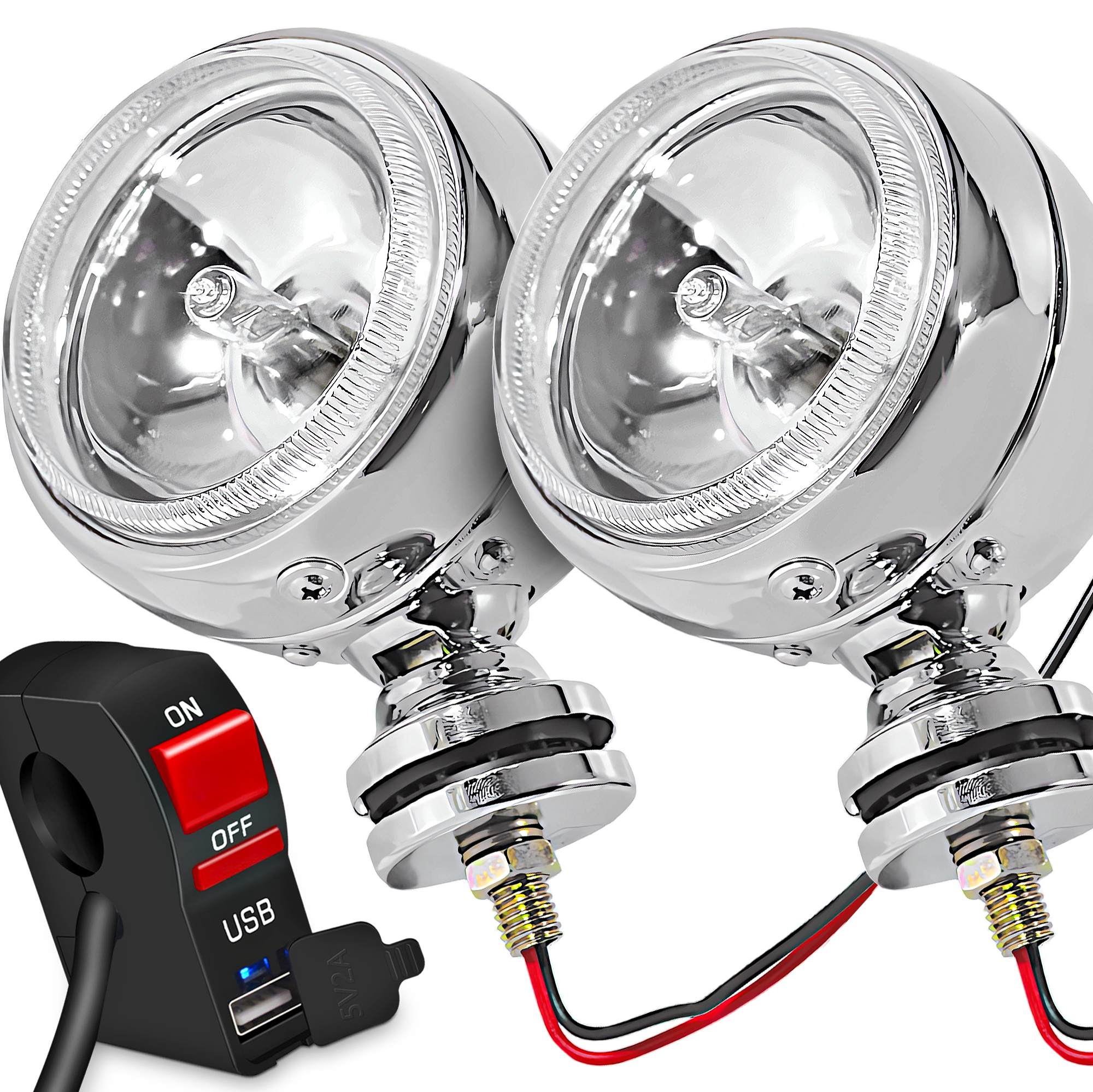 Halogeny Reflektory Motocyklowe Lightbar Chrom H3 Przełącznik USB 5V 2A