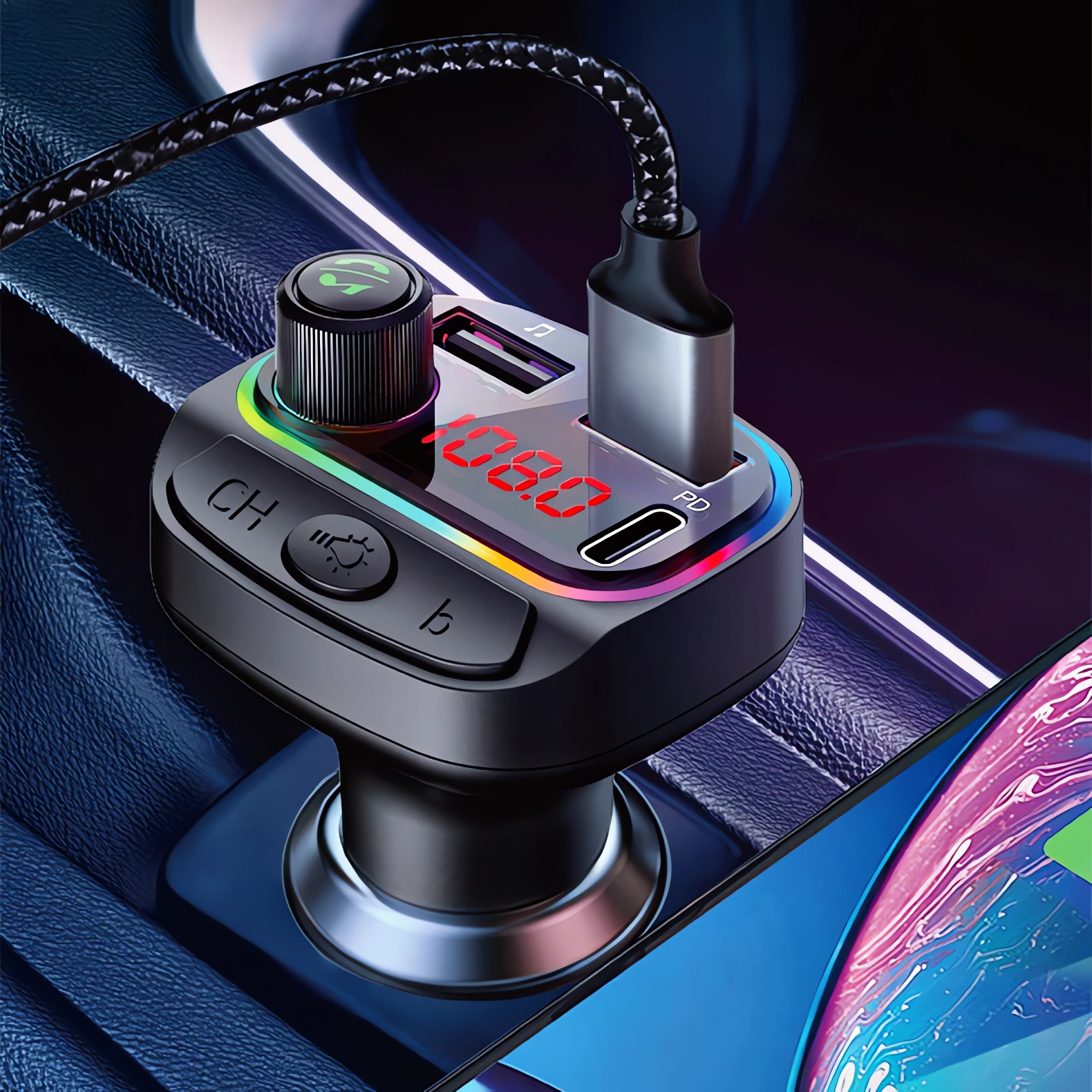 Transmiter FM BT PD 24W QC3.0 KABEL USB 3W1 LIGHTNING MICRO-USB USB C