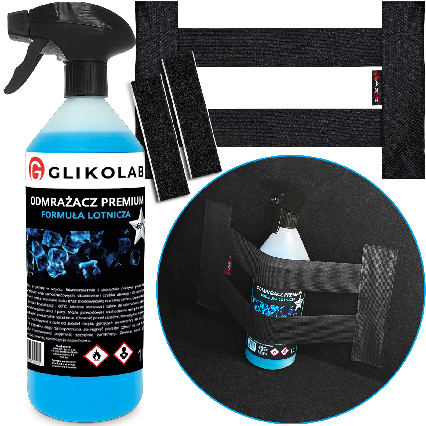 ODMRAŻACZ DO SZYB GLIKOLAB 1L + RZEP UCHWYT MOCOWANIE BAGAŻU PASKI Z KLEJEM