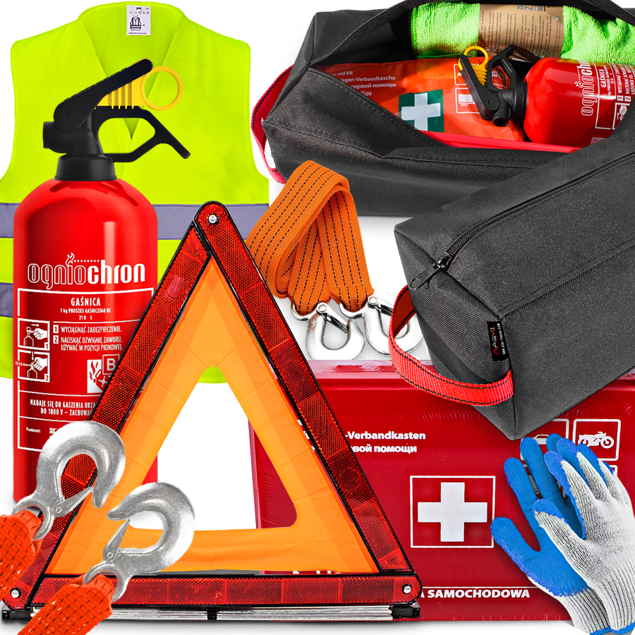 ZESTAW SAMOCHODOWY GAŚNICA APTECZKA KAMIZELKA PAS HOLOWNICZY LINKA TRÓJKĄT