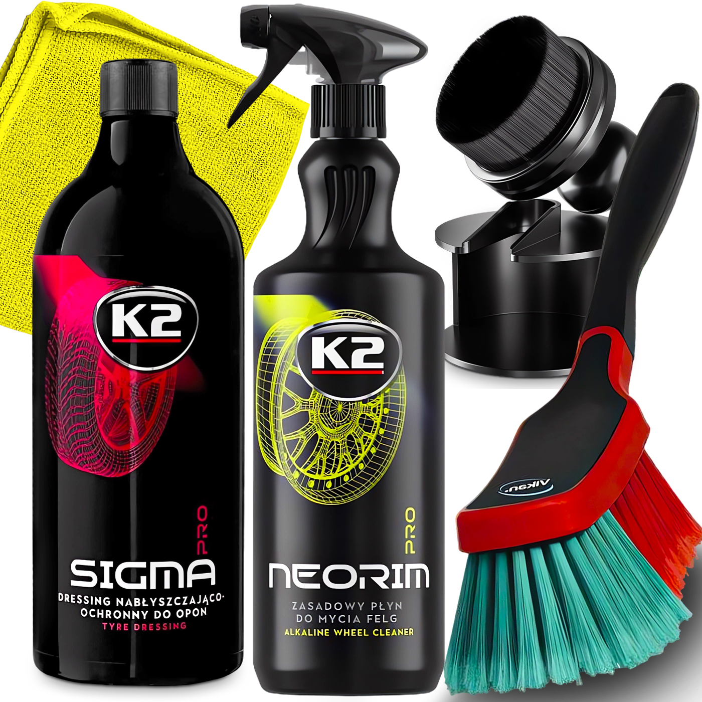 K2 ZESTAW DO KÓŁ OPON PŁYN DO MYCIA FELG DRESSING OPON SZCZOTKA APLIKATOR