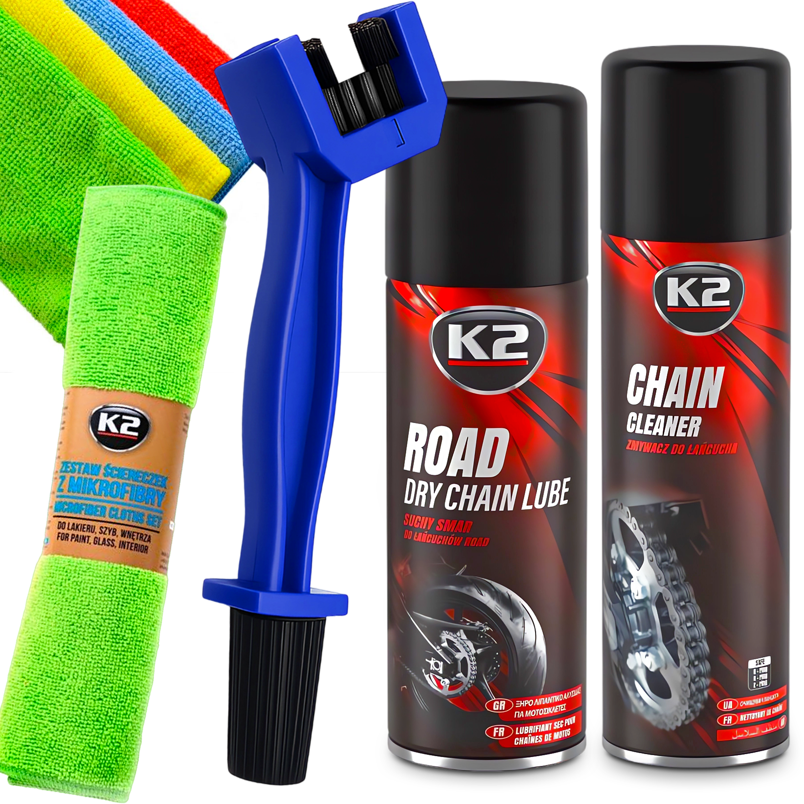 K2 SUCHY SMAR ZMYWACZ SZCZOTKA DO MYCIA ŁAŃCUCHA 4 ŚCIERECZKI MIKROFIBRA