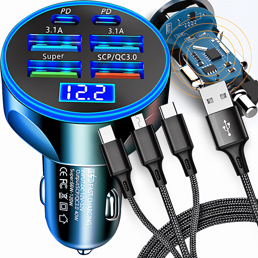 SZYBKA ŁADOWARKA SAMOCHODOWA 6X USB USB-C QC 3.0 KABEL USB 3W1 LIGHTNING