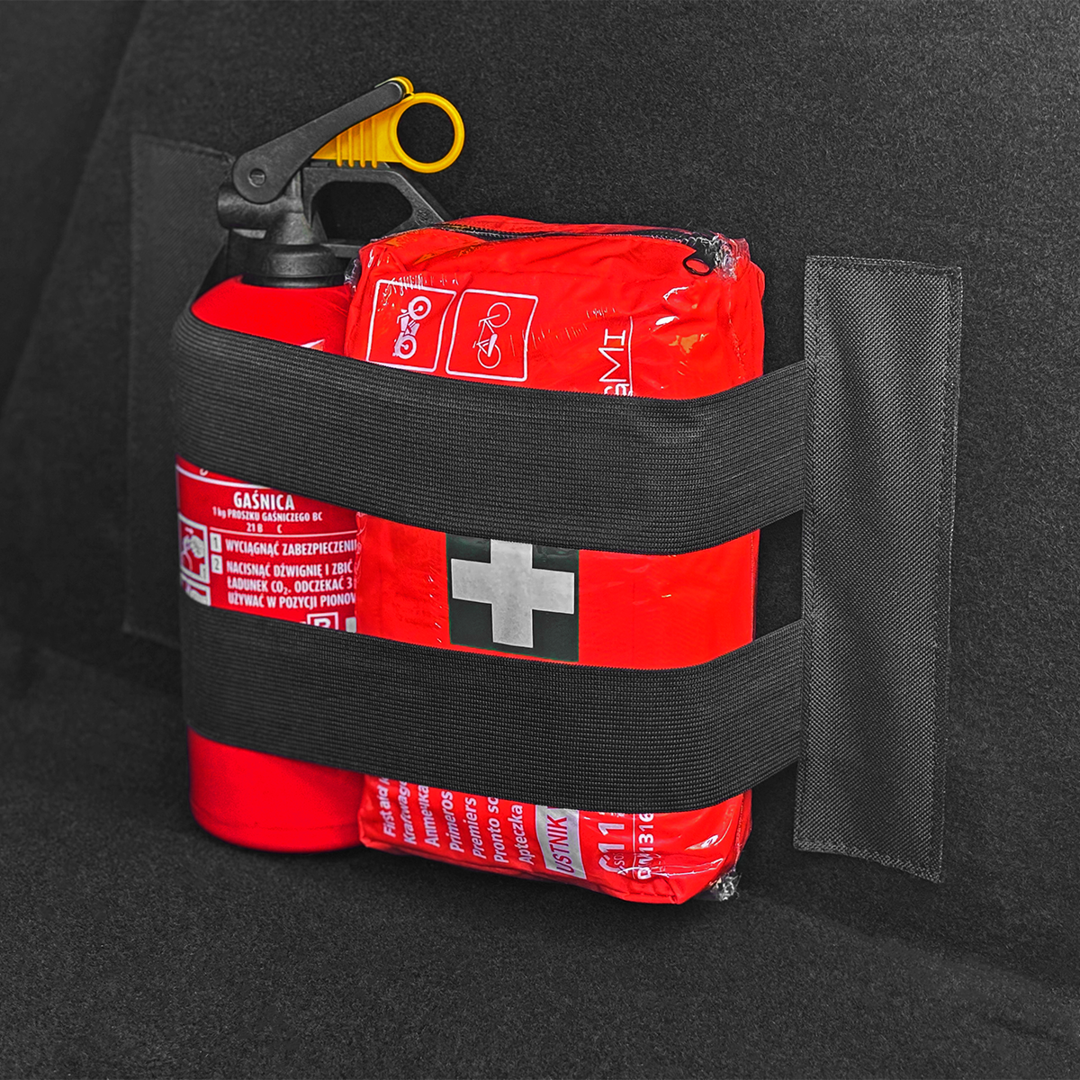 GAŚNICA 1KG APTECZKA DIN13164 OGNIOCHRON + MOCOWANIE DO BAGAŻNIKA NA RZEP