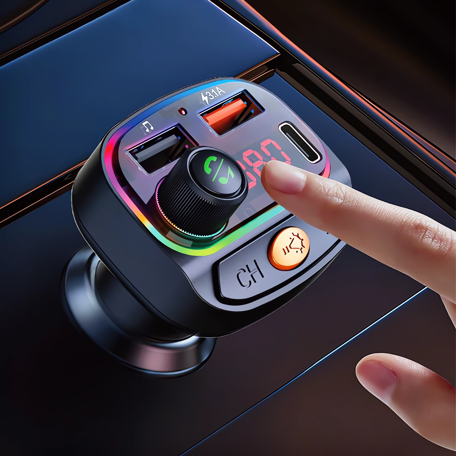 Transmiter FM BT PD 24W QC3.0 KABEL USB 3W1 LIGHTNING MICRO-USB USB C