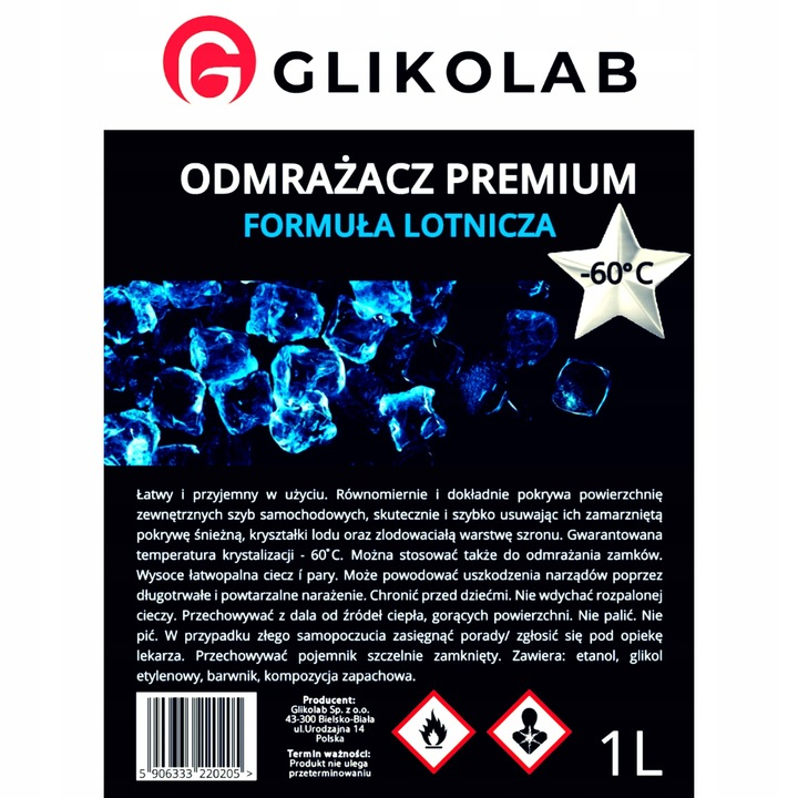 ODMRAŻACZ DO SZYB LODU PREMIUM MOCNY -60°C GLIKOLAB 1L FORMUŁA LOTNICZA