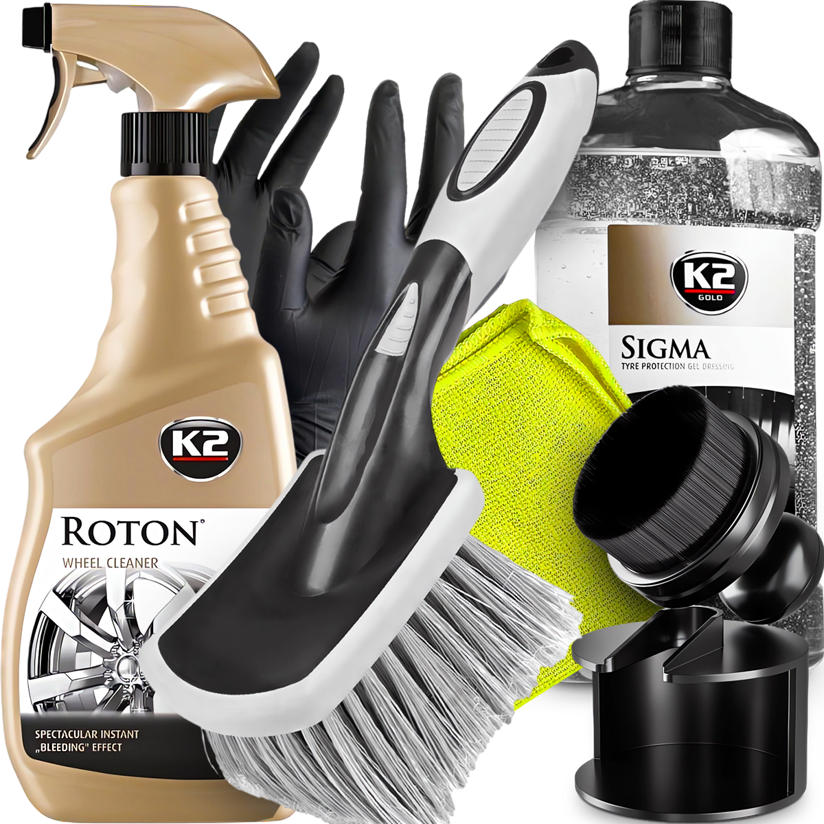 K2 ROTON 700ML KRWAWA FELGA  SZCZOTKA SIGMA DRESSING DO OPON APLIKATOR