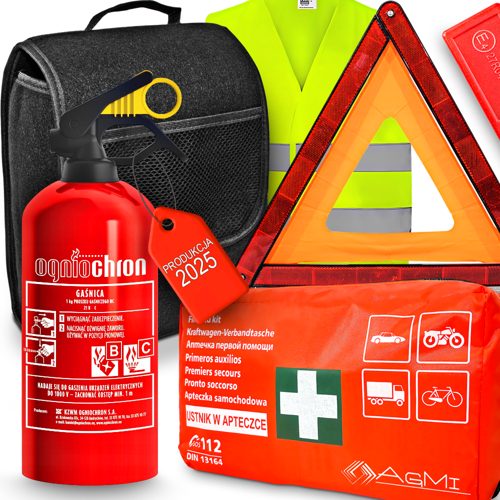 ZESTAW SAMOCHODOWY TRÓJKĄT APTECZKA  GAŚNICA KAMIZELKA TORBA MAŁA