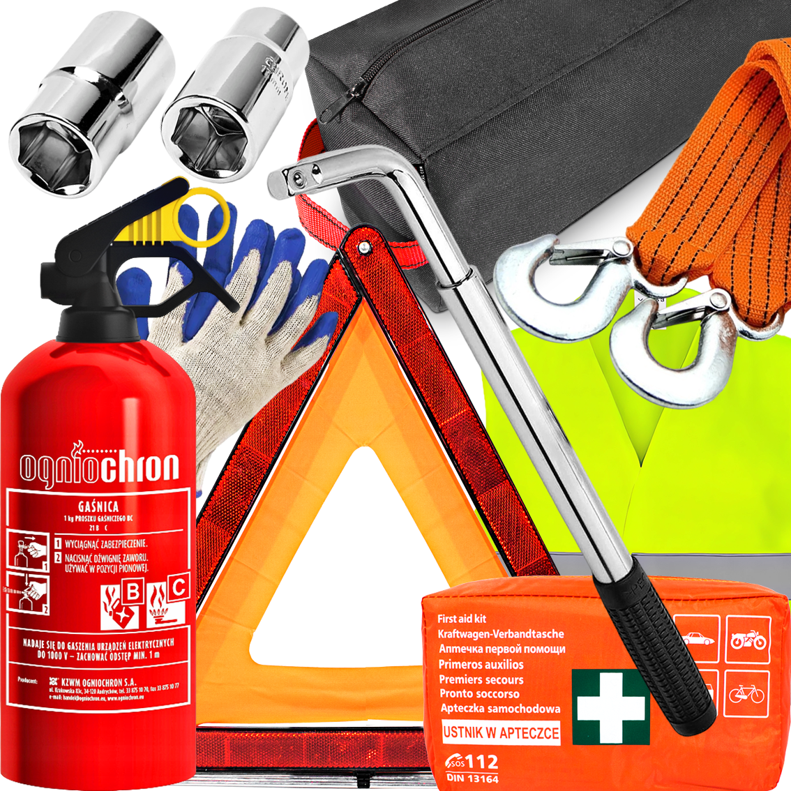 Gaśnica Apteczka Kamizelka Klucz do Kół Nasadki Linka Holownicza Torba