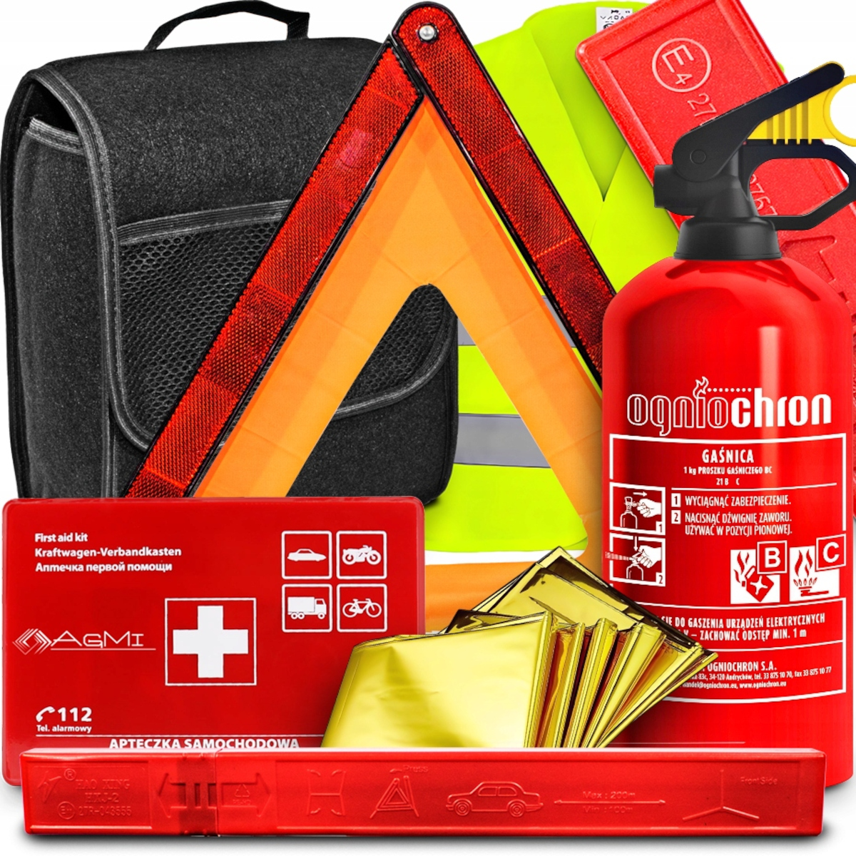 Apteczka Gaśnica 1kg Trójkąt Folia NRC Kamizelka Samochodowa Torba Organizer